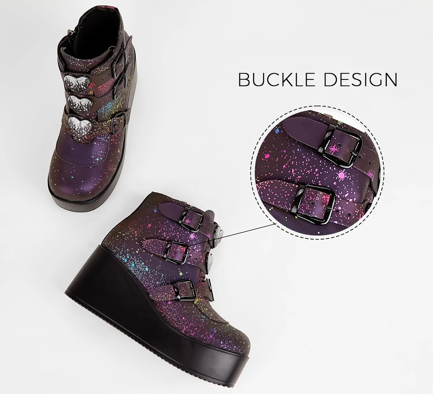 LUCKY STEP Women Platform Chunky Ankle Boots - Round Toe Zipper Wedges High Heels Rave Buckle Thick Sole Goth Booties