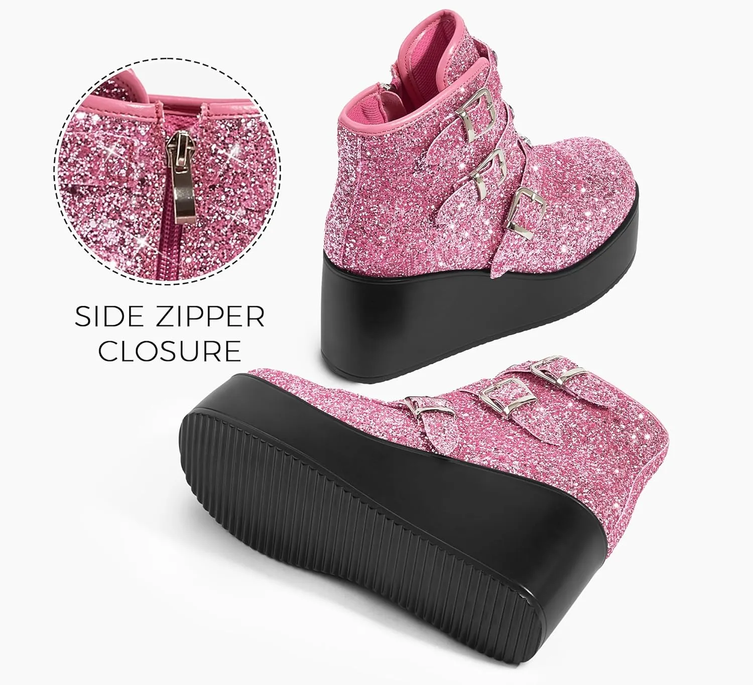 LUCKY STEP Women Platform Chunky Ankle Boots - Round Toe Zipper Wedges High Heels Rave Buckle Thick Sole Goth Booties