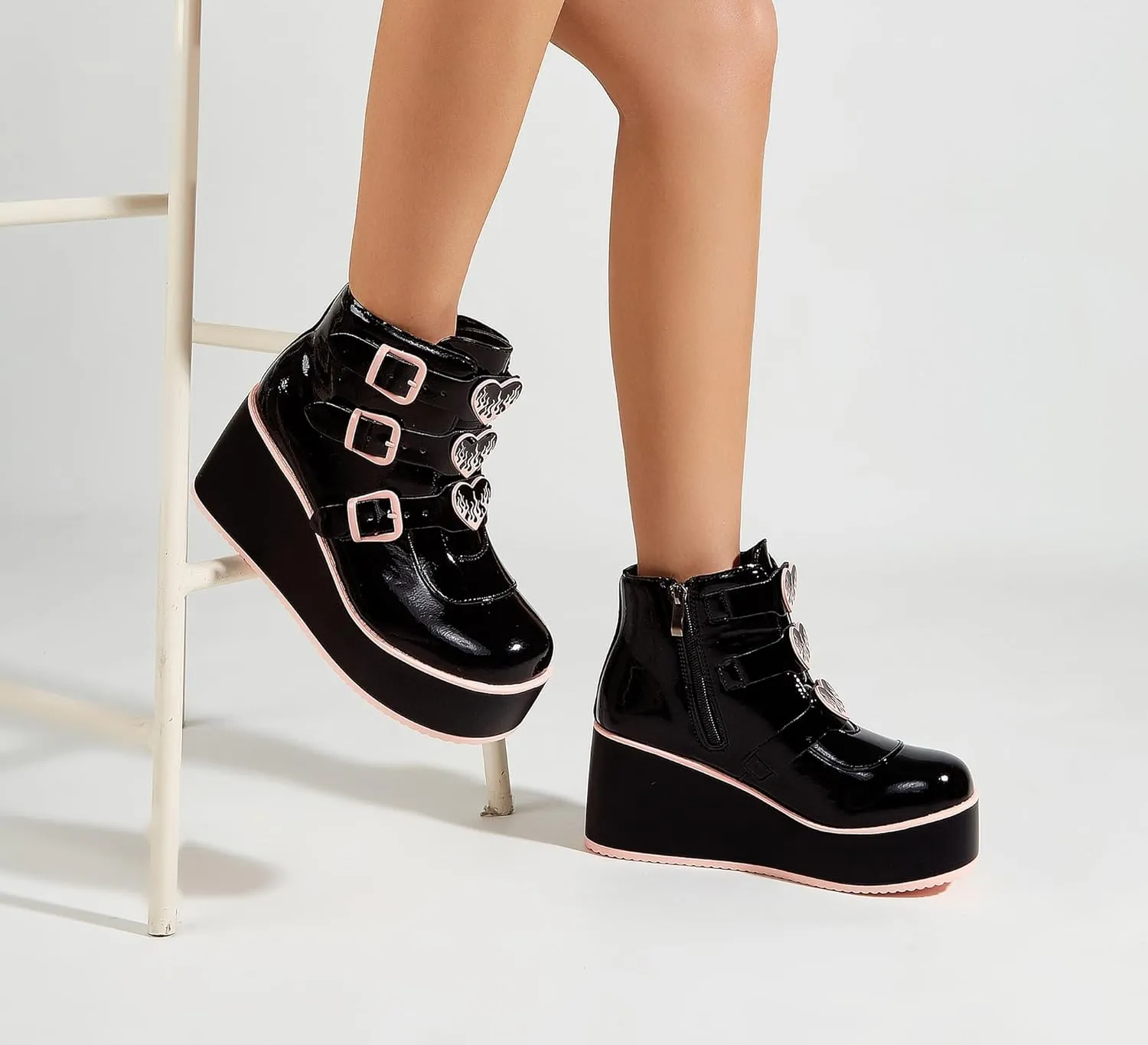 LUCKY STEP Women Platform Chunky Ankle Boots - Round Toe Zipper Wedges High Heels Rave Buckle Thick Sole Goth Booties