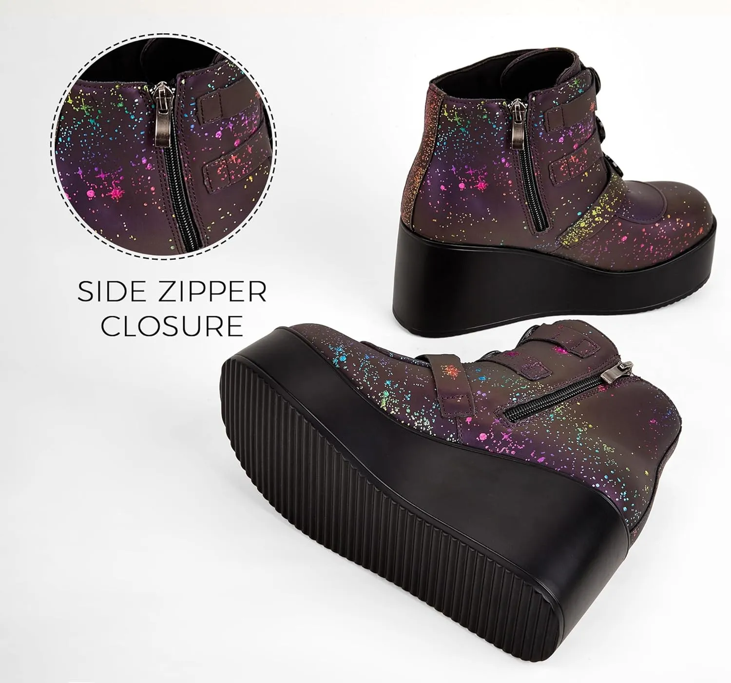LUCKY STEP Women Platform Chunky Ankle Boots - Round Toe Zipper Wedges High Heels Rave Buckle Thick Sole Goth Booties