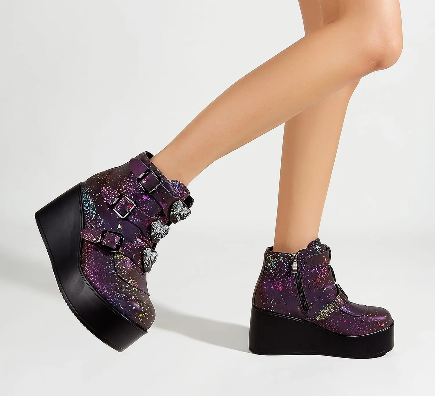 LUCKY STEP Women Platform Chunky Ankle Boots - Round Toe Zipper Wedges High Heels Rave Buckle Thick Sole Goth Booties