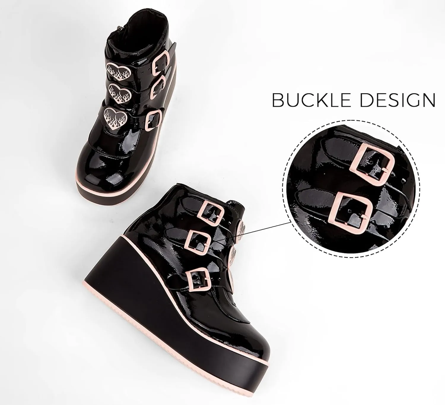 LUCKY STEP Women Platform Chunky Ankle Boots - Round Toe Zipper Wedges High Heels Rave Buckle Thick Sole Goth Booties