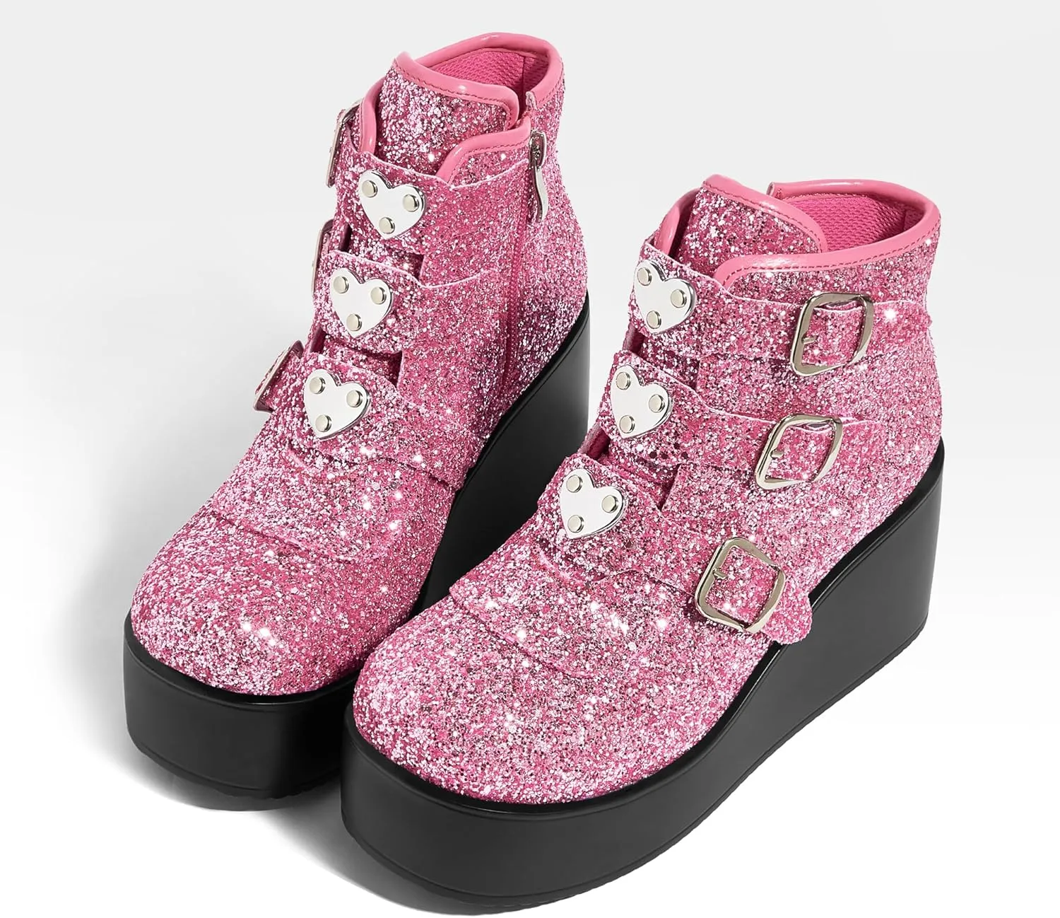 LUCKY STEP Women Platform Chunky Ankle Boots - Round Toe Zipper Wedges High Heels Rave Buckle Thick Sole Goth Booties
