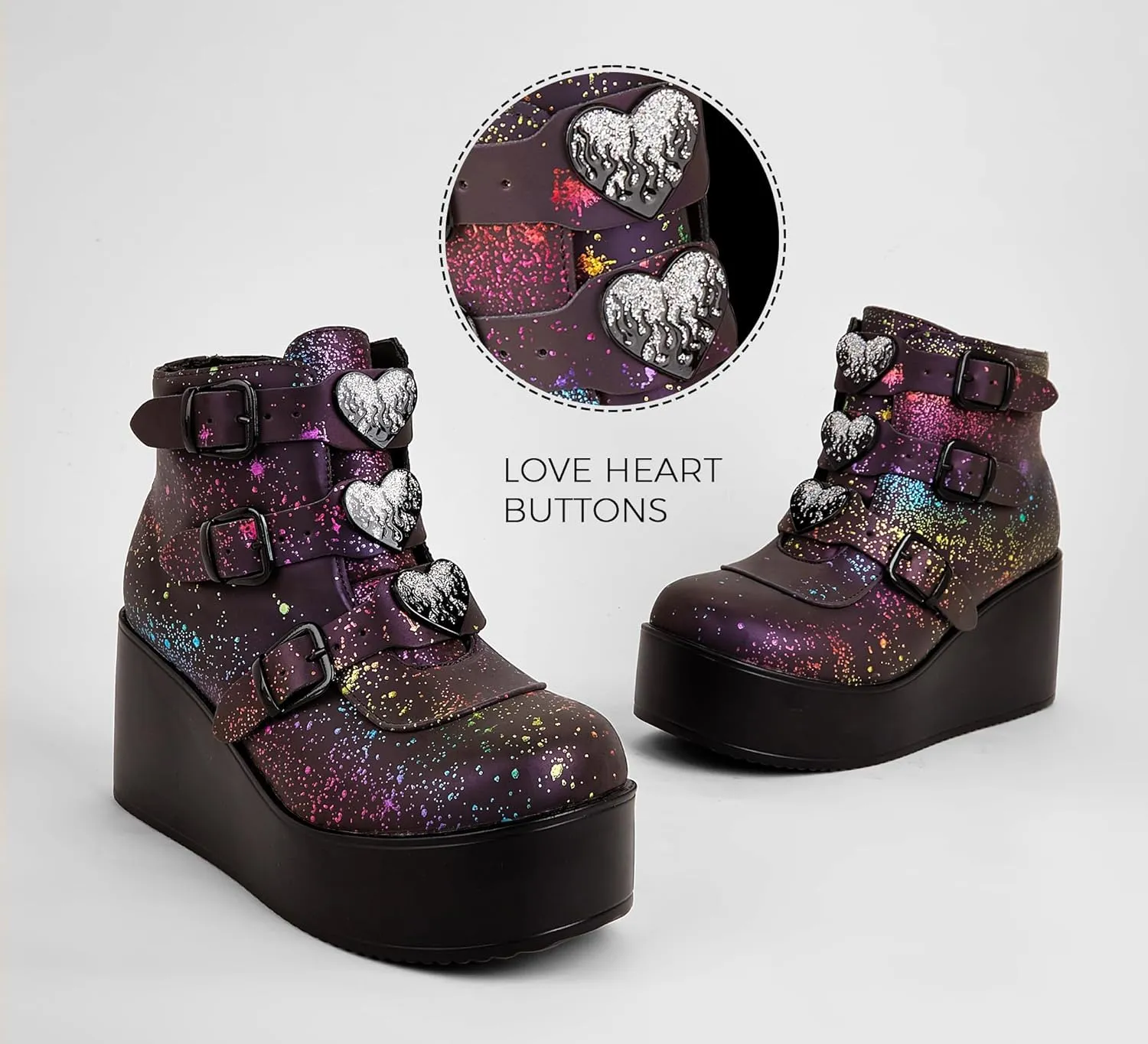 LUCKY STEP Women Platform Chunky Ankle Boots - Round Toe Zipper Wedges High Heels Rave Buckle Thick Sole Goth Booties