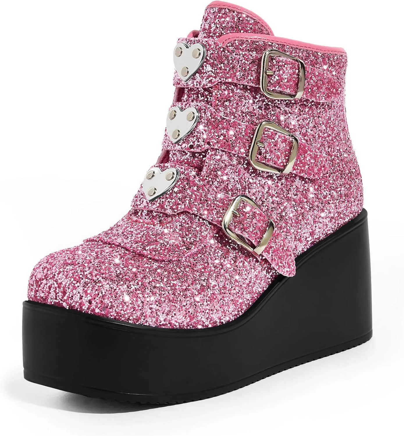 LUCKY STEP Women Platform Chunky Ankle Boots - Round Toe Zipper Wedges High Heels Rave Buckle Thick Sole Goth Booties