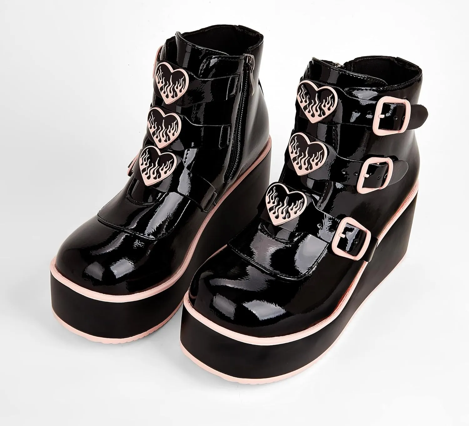 LUCKY STEP Women Platform Chunky Ankle Boots - Round Toe Zipper Wedges High Heels Rave Buckle Thick Sole Goth Booties