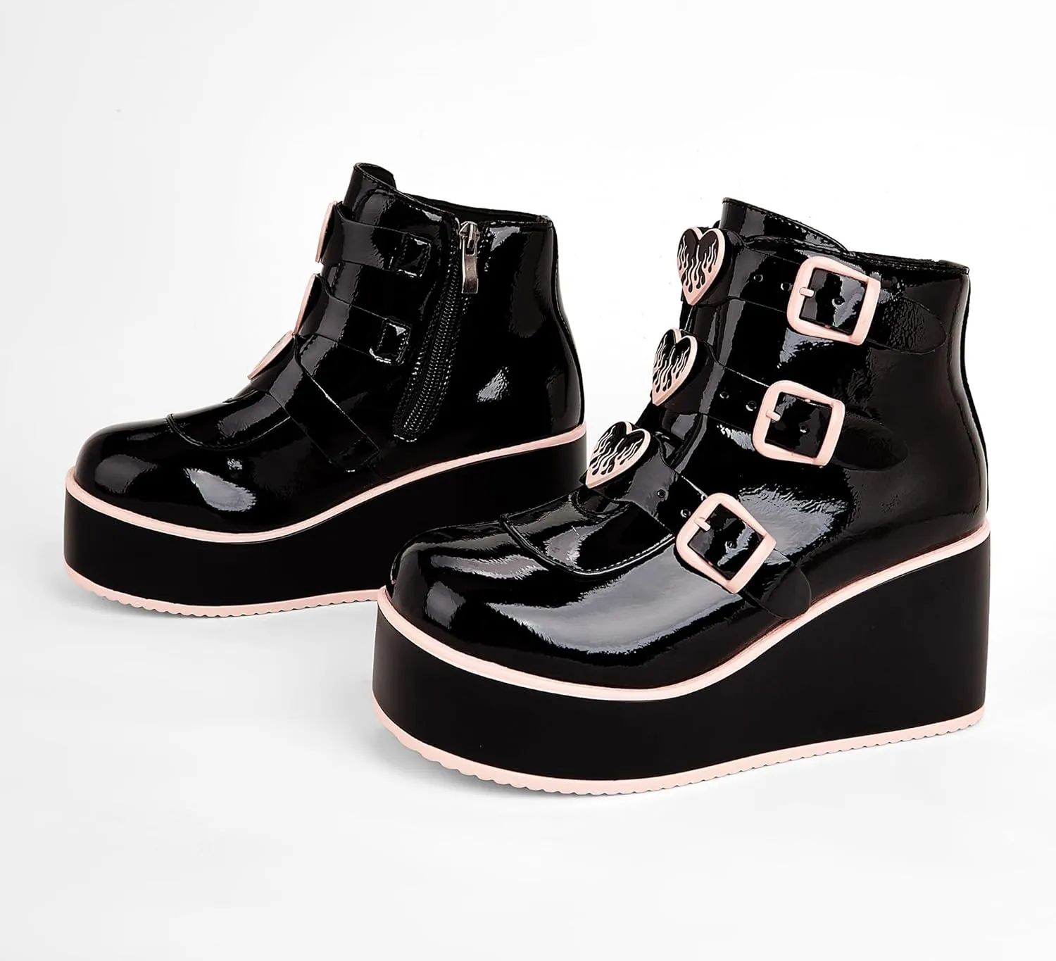 LUCKY STEP Women Platform Chunky Ankle Boots - Round Toe Zipper Wedges High Heels Rave Buckle Thick Sole Goth Booties