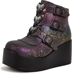 LUCKY STEP Women Platform Chunky Ankle Boots - Round Toe Zipper Wedges High Heels Rave Buckle Thick Sole Goth Booties