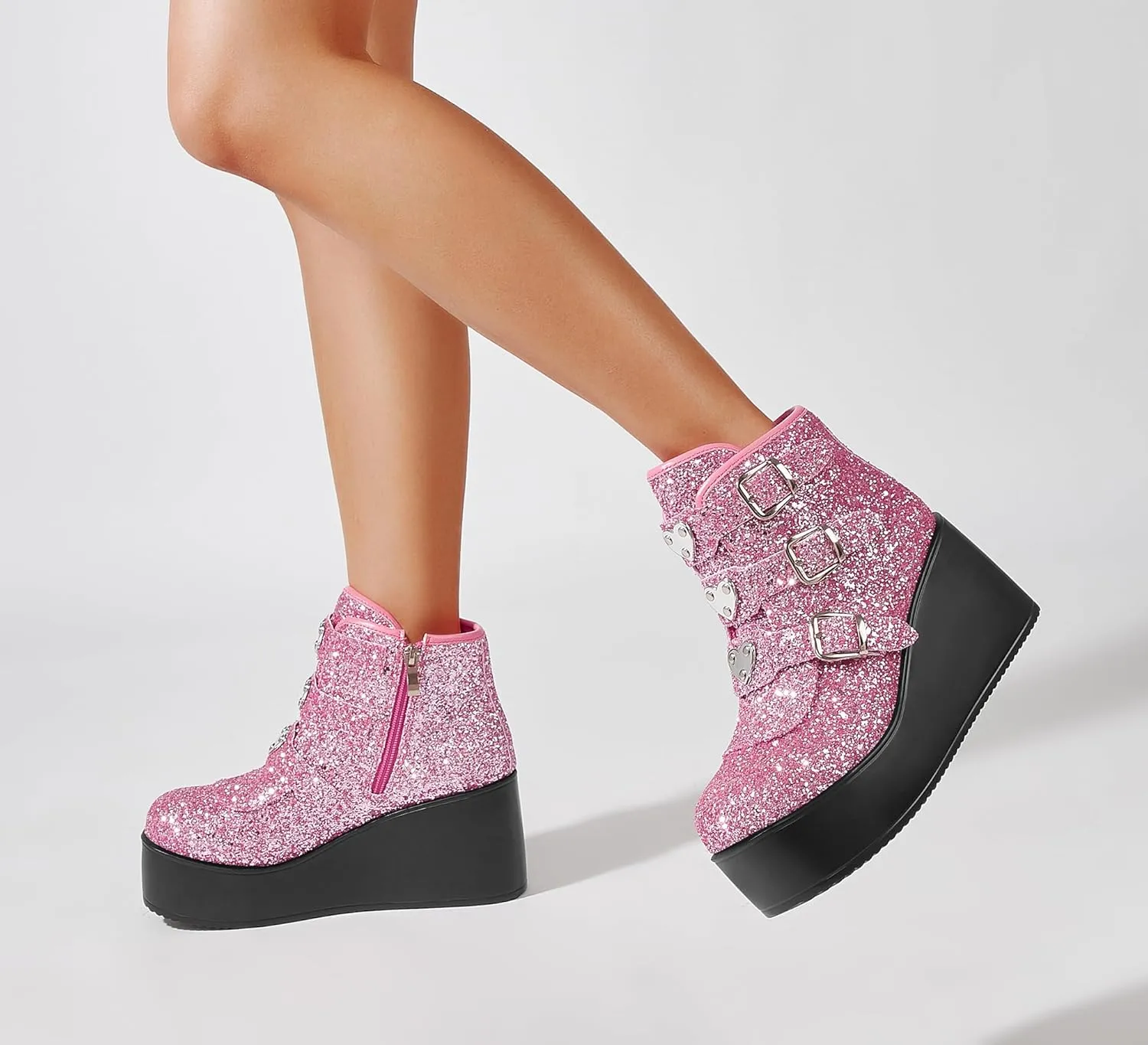 LUCKY STEP Women Platform Chunky Ankle Boots - Round Toe Zipper Wedges High Heels Rave Buckle Thick Sole Goth Booties