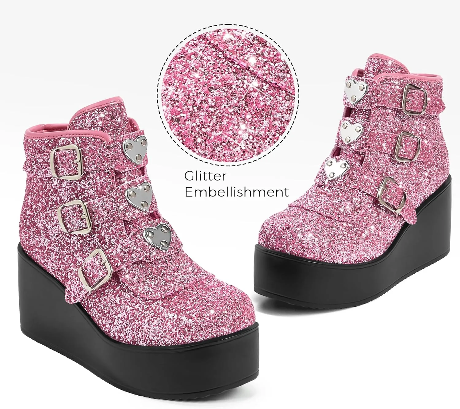 LUCKY STEP Women Platform Chunky Ankle Boots - Round Toe Zipper Wedges High Heels Rave Buckle Thick Sole Goth Booties