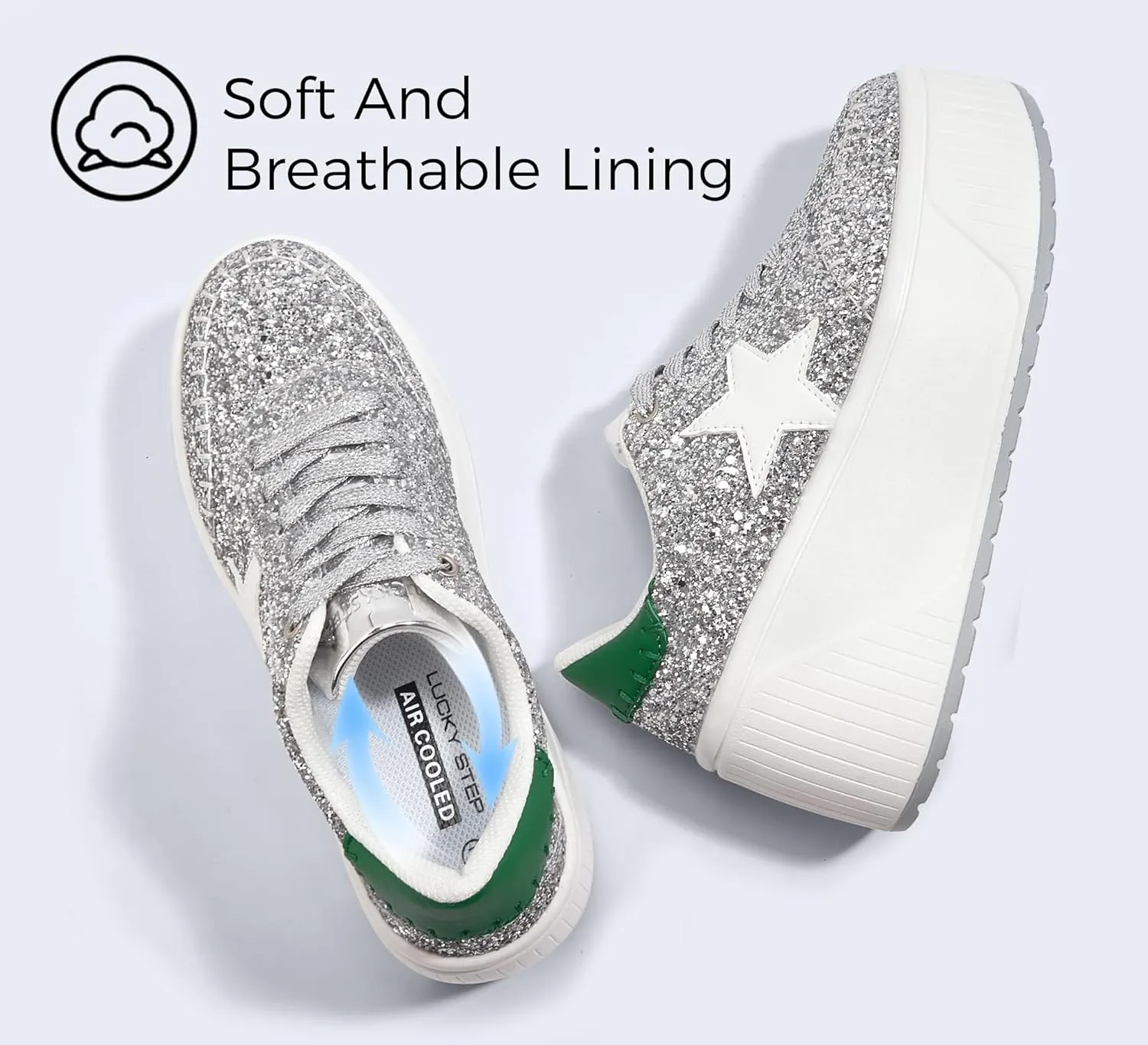 LUCKY STEP Women's Platform Chunky Sneakers Fashion Star Glitter Sparkly Wedge Walking Shoes High Heel Casual Shiny Thick Sole Footwear