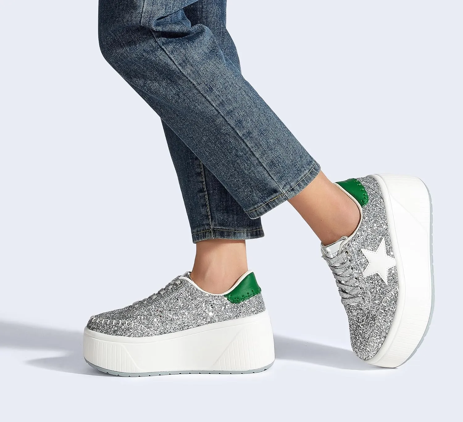 LUCKY STEP Women's Platform Chunky Sneakers Fashion Star Glitter Sparkly Wedge Walking Shoes High Heel Casual Shiny Thick Sole Footwear