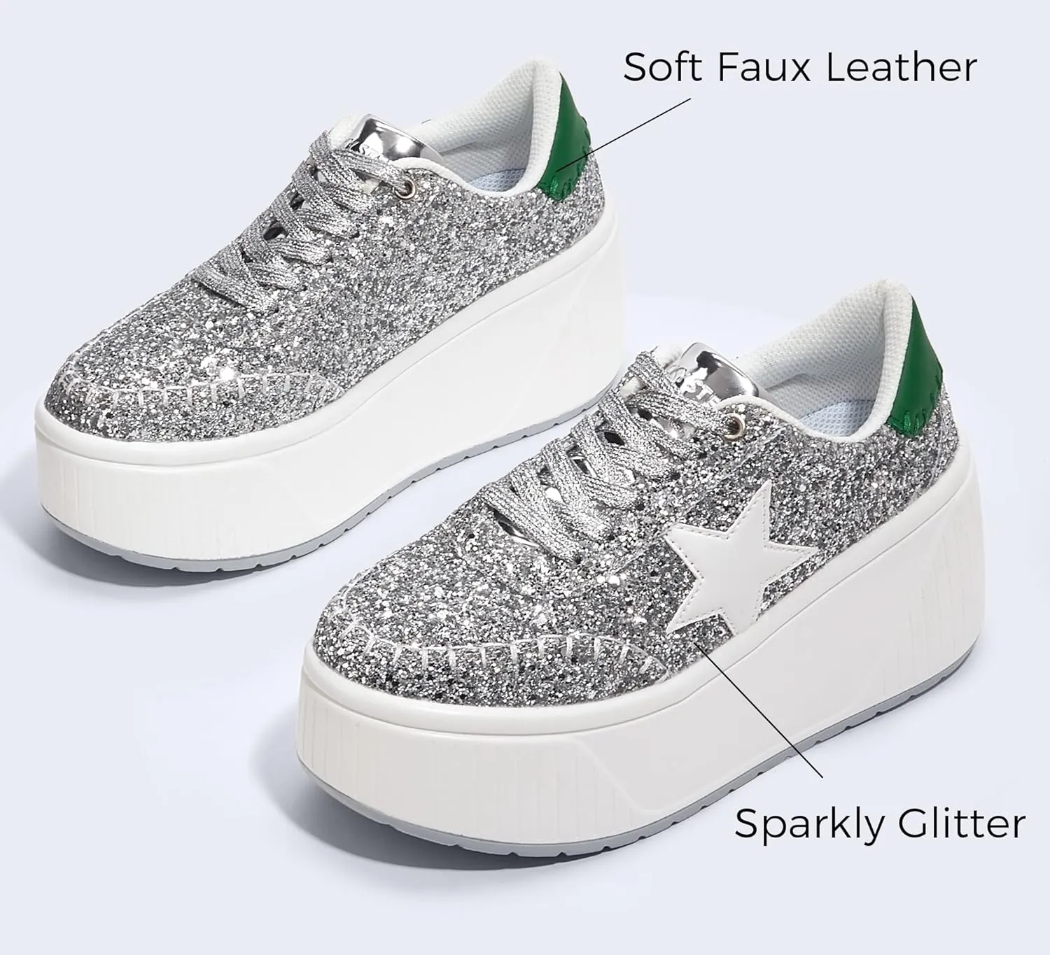 LUCKY STEP Women's Platform Chunky Sneakers Fashion Star Glitter Sparkly Wedge Walking Shoes High Heel Casual Shiny Thick Sole Footwear