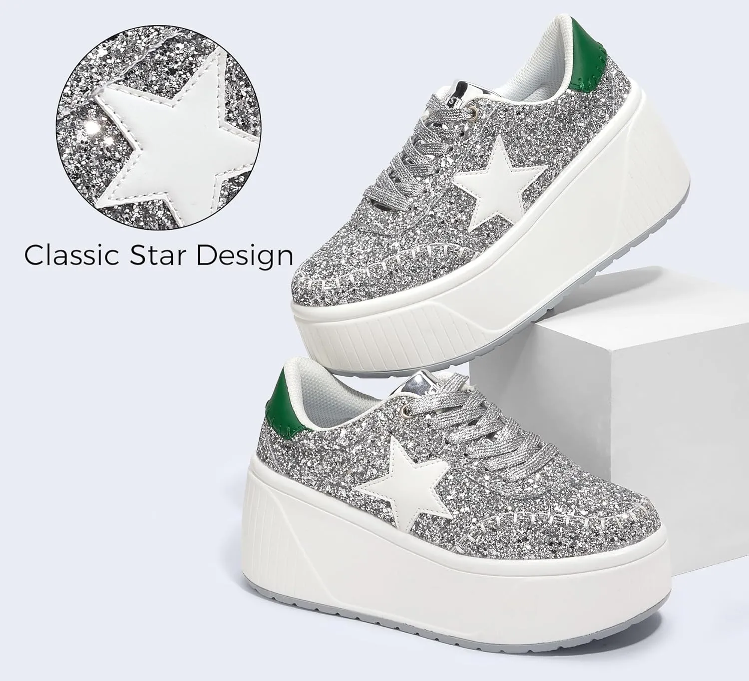 LUCKY STEP Women's Platform Chunky Sneakers Fashion Star Glitter Sparkly Wedge Walking Shoes High Heel Casual Shiny Thick Sole Footwear