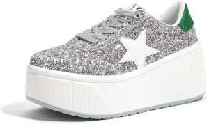 LUCKY STEP Women's Platform Chunky Sneakers Fashion Star Glitter Sparkly Wedge Walking Shoes High Heel Casual Shiny Thick Sole Footwear