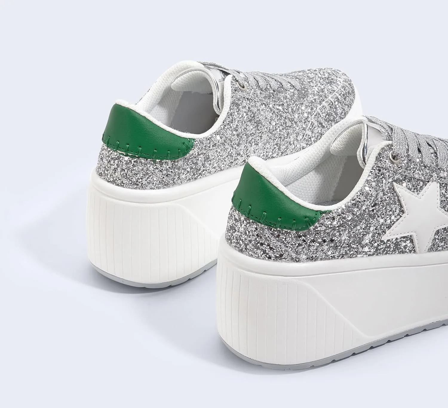 LUCKY STEP Women's Platform Chunky Sneakers Fashion Star Glitter Sparkly Wedge Walking Shoes High Heel Casual Shiny Thick Sole Footwear