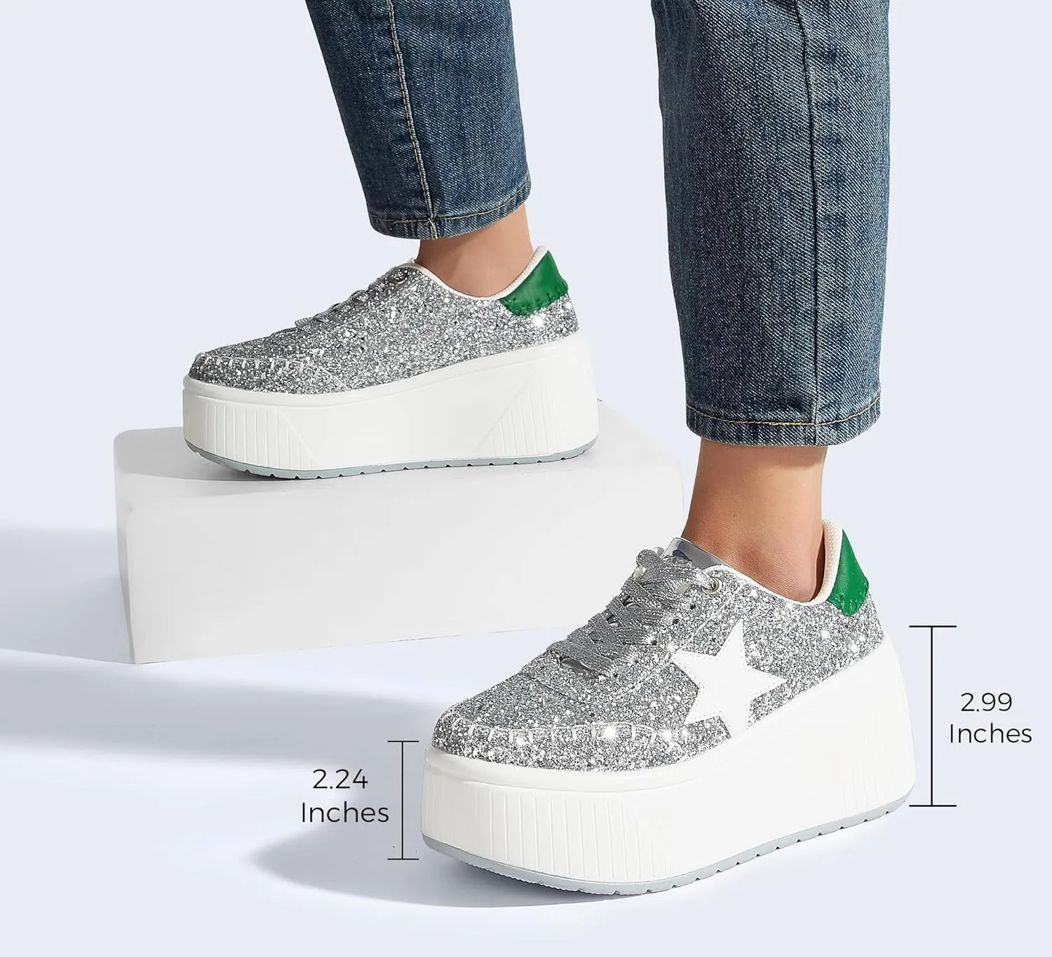 LUCKY STEP Women's Platform Chunky Sneakers Fashion Star Glitter Sparkly Wedge Walking Shoes High Heel Casual Shiny Thick Sole Footwear