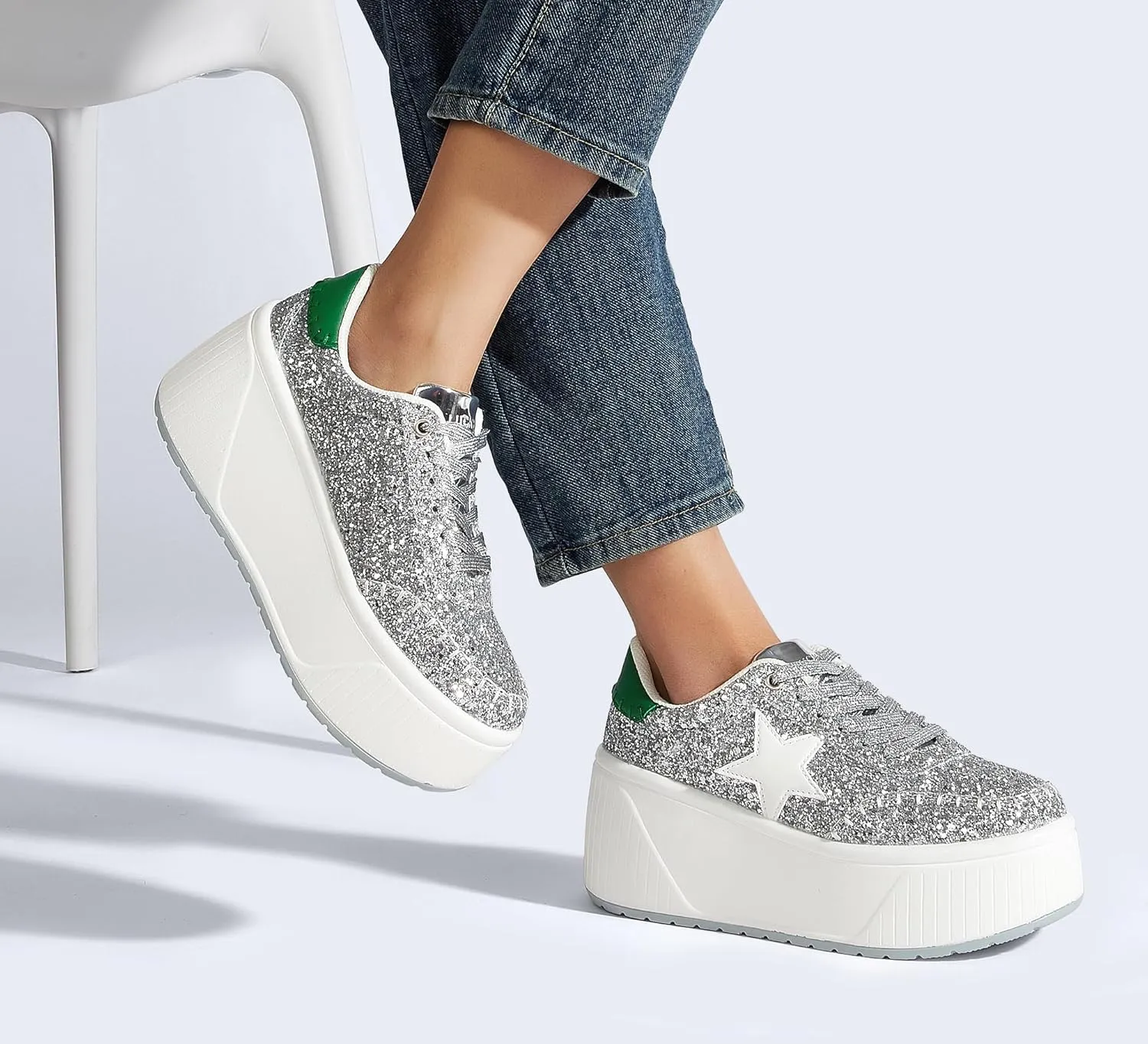LUCKY STEP Women's Platform Chunky Sneakers Fashion Star Glitter Sparkly Wedge Walking Shoes High Heel Casual Shiny Thick Sole Footwear