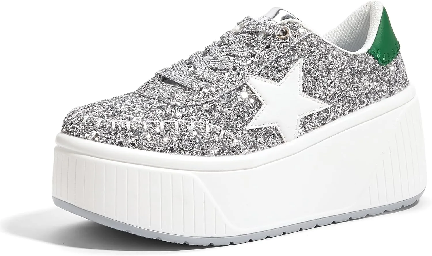 LUCKY STEP Women's Platform Chunky Sneakers Fashion Star Glitter Sparkly Wedge Walking Shoes High Heel Casual Shiny Thick Sole Footwear