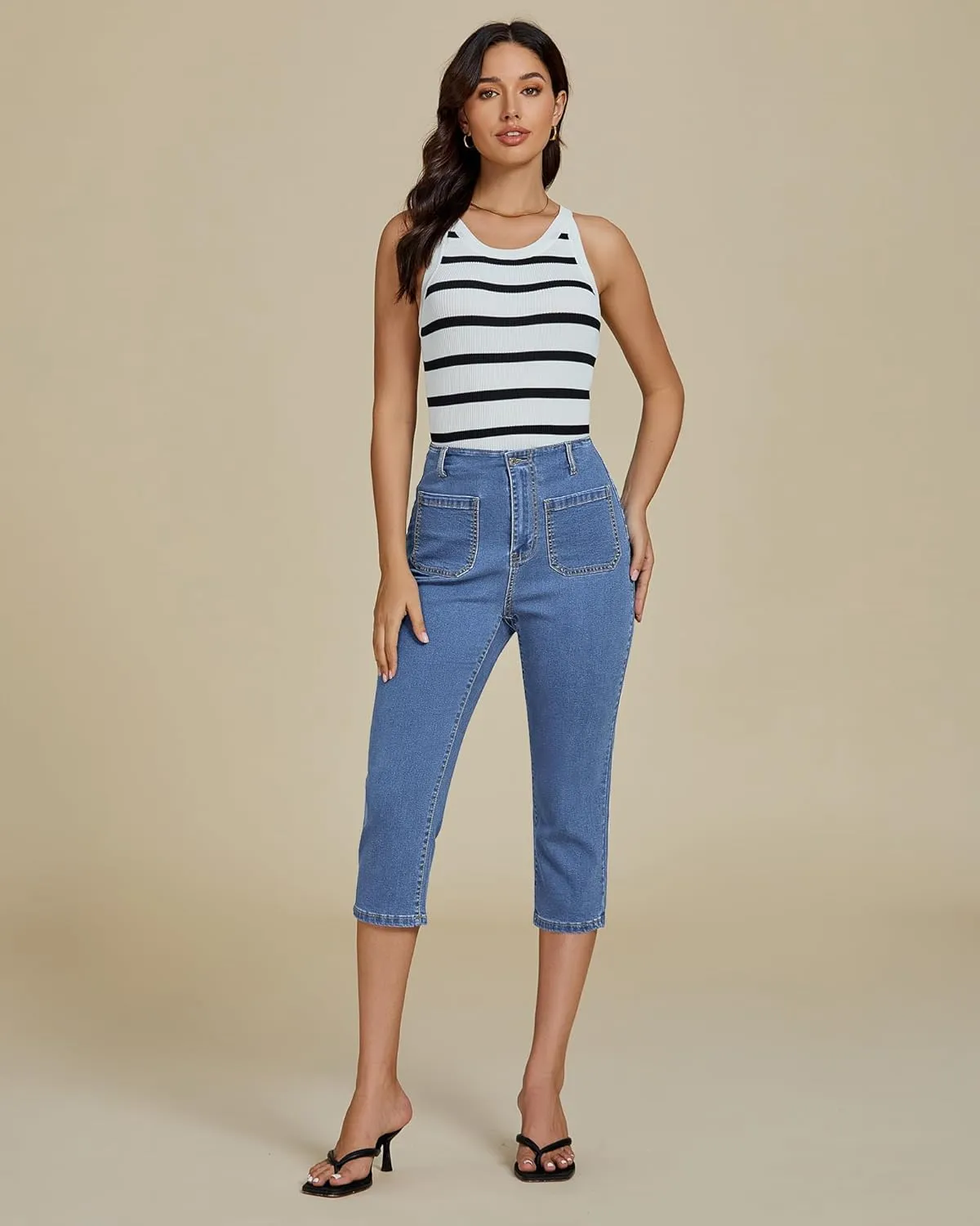 luvamia Capris Jeans for Women Trendy High Waisted Patch Pocket Casual Summer Cropped Stretchy Denim Skinny Capri Pants