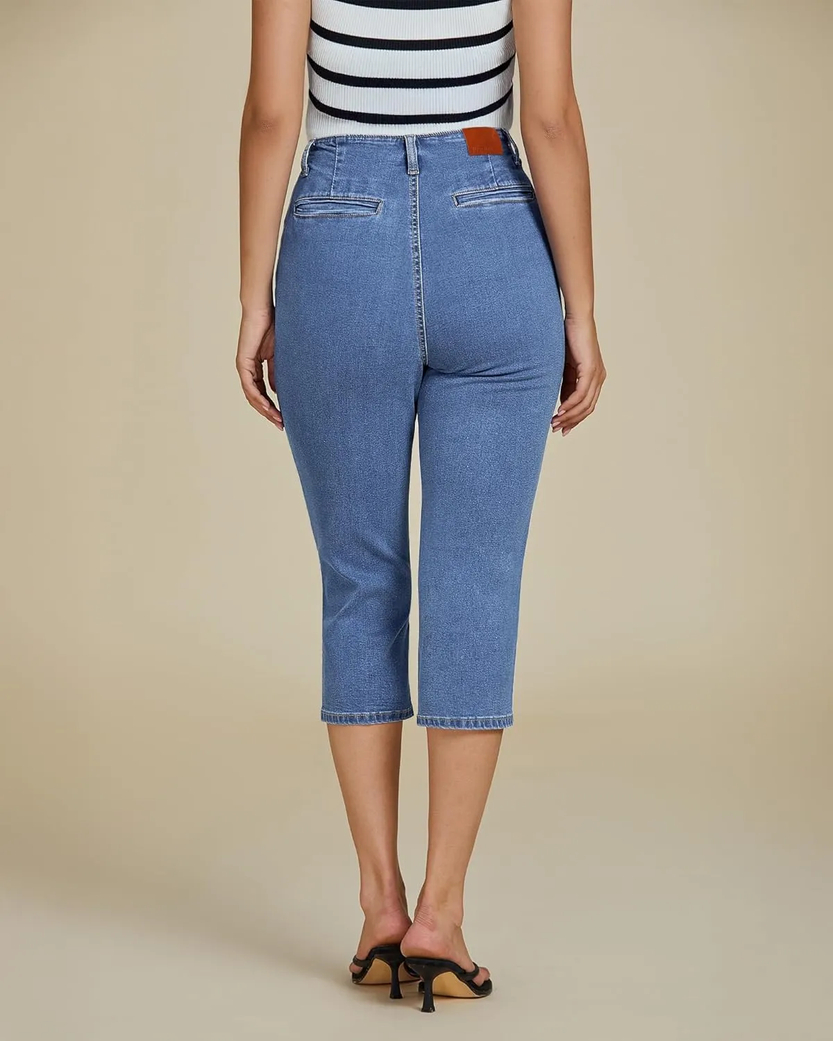 luvamia Capris Jeans for Women Trendy High Waisted Patch Pocket Casual Summer Cropped Stretchy Denim Skinny Capri Pants