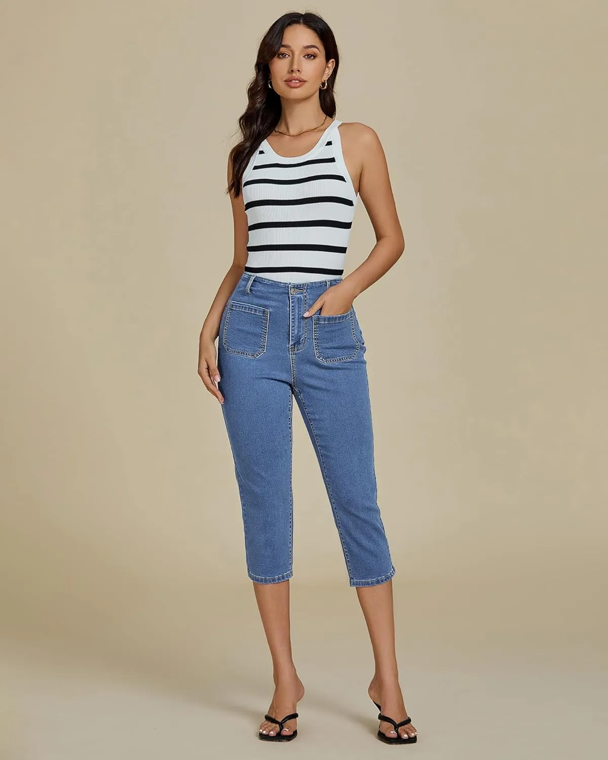 luvamia Capris Jeans for Women Trendy High Waisted Patch Pocket Casual Summer Cropped Stretchy Denim Skinny Capri Pants