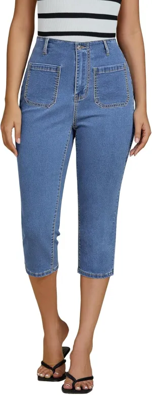 luvamia Capris Jeans for Women Trendy High Waisted Patch Pocket Casual Summer Cropped Stretchy Denim Skinny Capri Pants