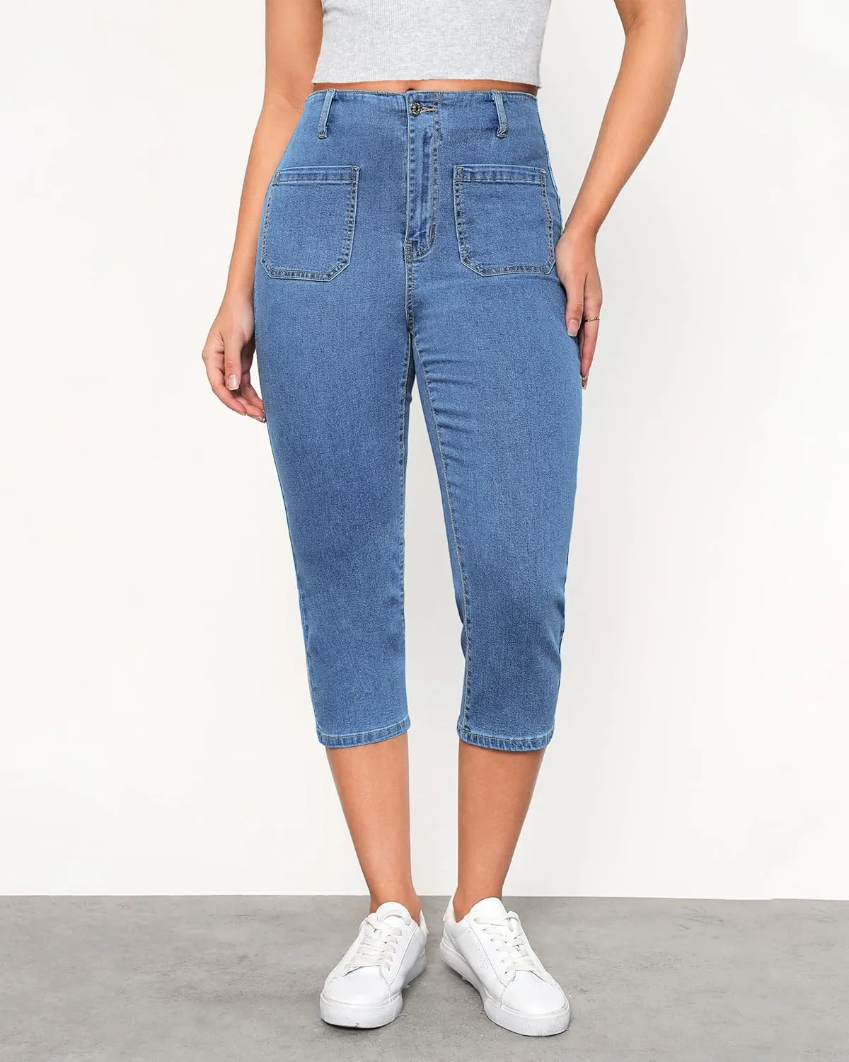 luvamia Capris Jeans for Women Trendy High Waisted Patch Pocket Casual Summer Cropped Stretchy Denim Skinny Capri Pants