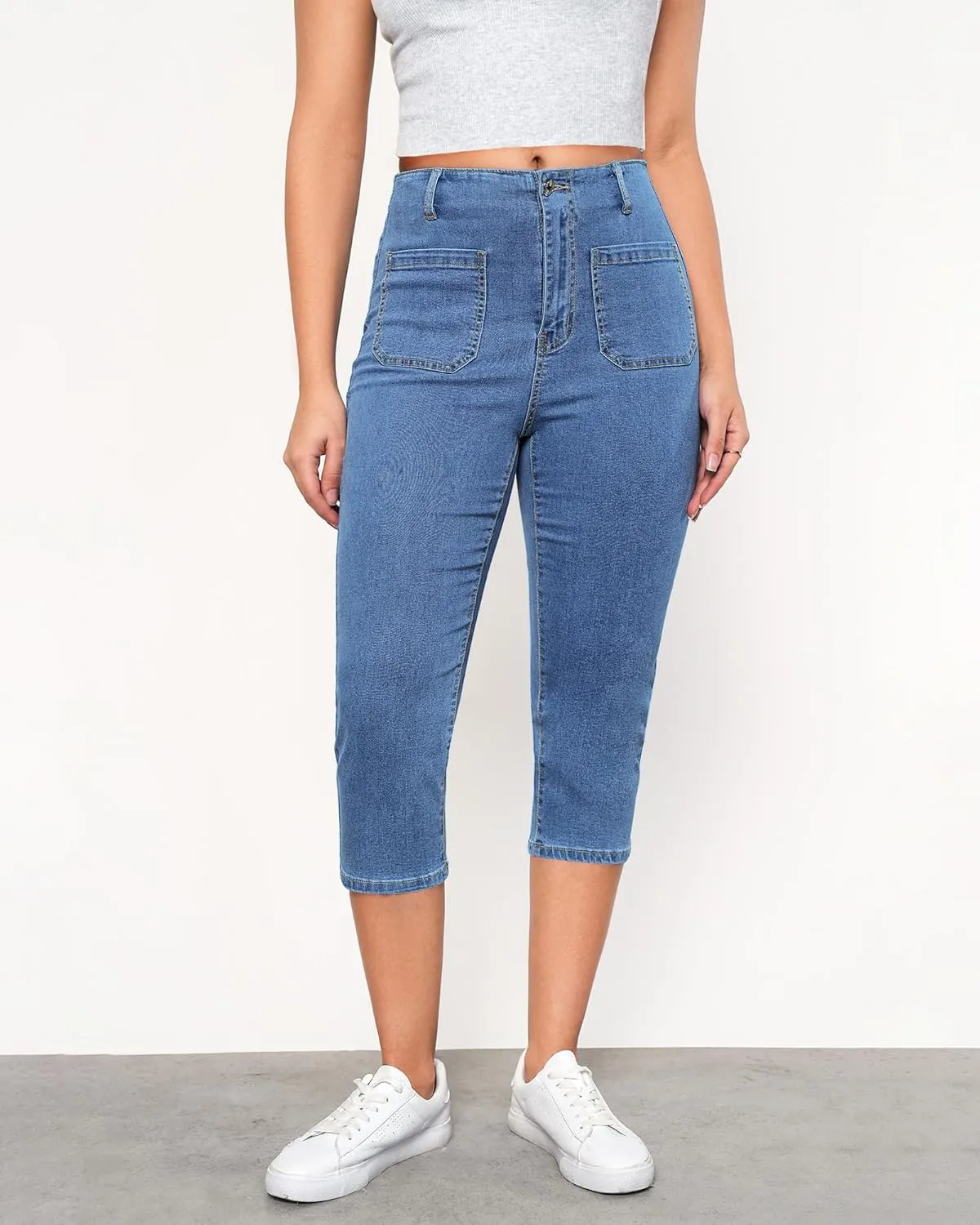 luvamia Capris Jeans for Women Trendy High Waisted Patch Pocket Casual Summer Cropped Stretchy Denim Skinny Capri Pants