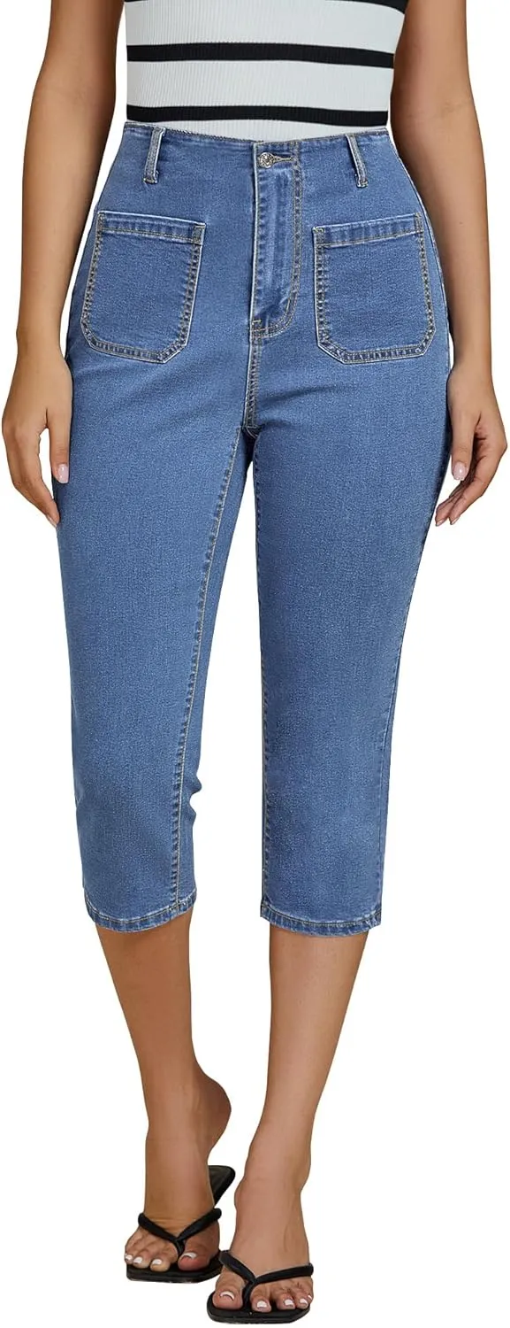 luvamia Capris Jeans for Women Trendy High Waisted Patch Pocket Casual Summer Cropped Stretchy Denim Skinny Capri Pants