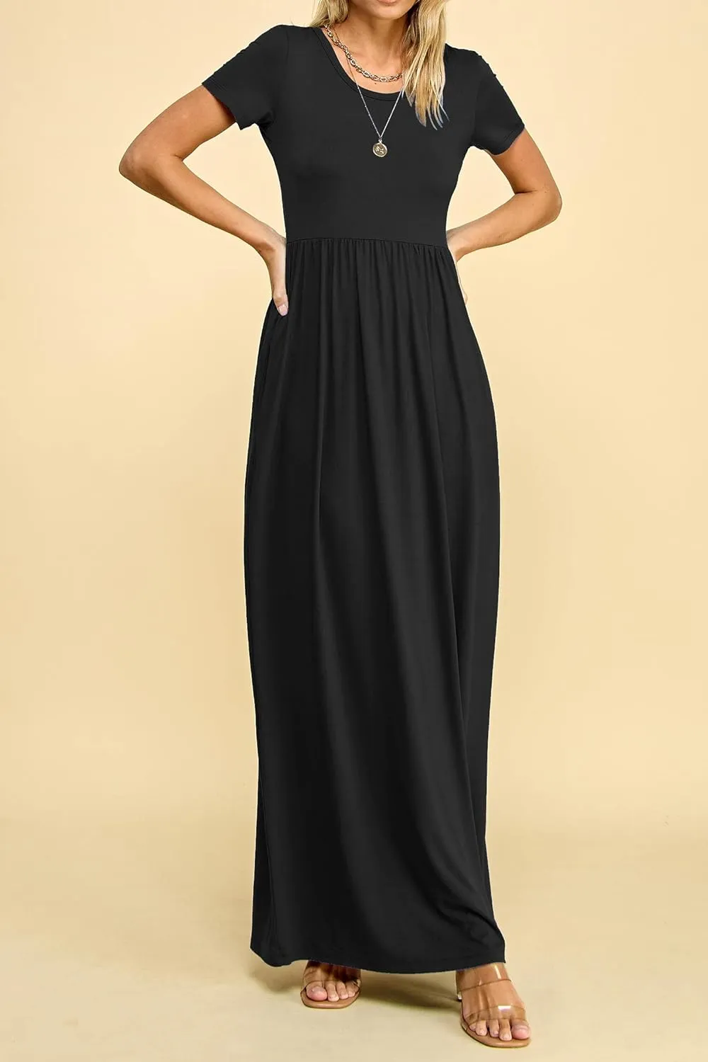 Made By Johnny Womens Short Sleeve Loose Plain Casual Long Maxi Dresses with Pockets
