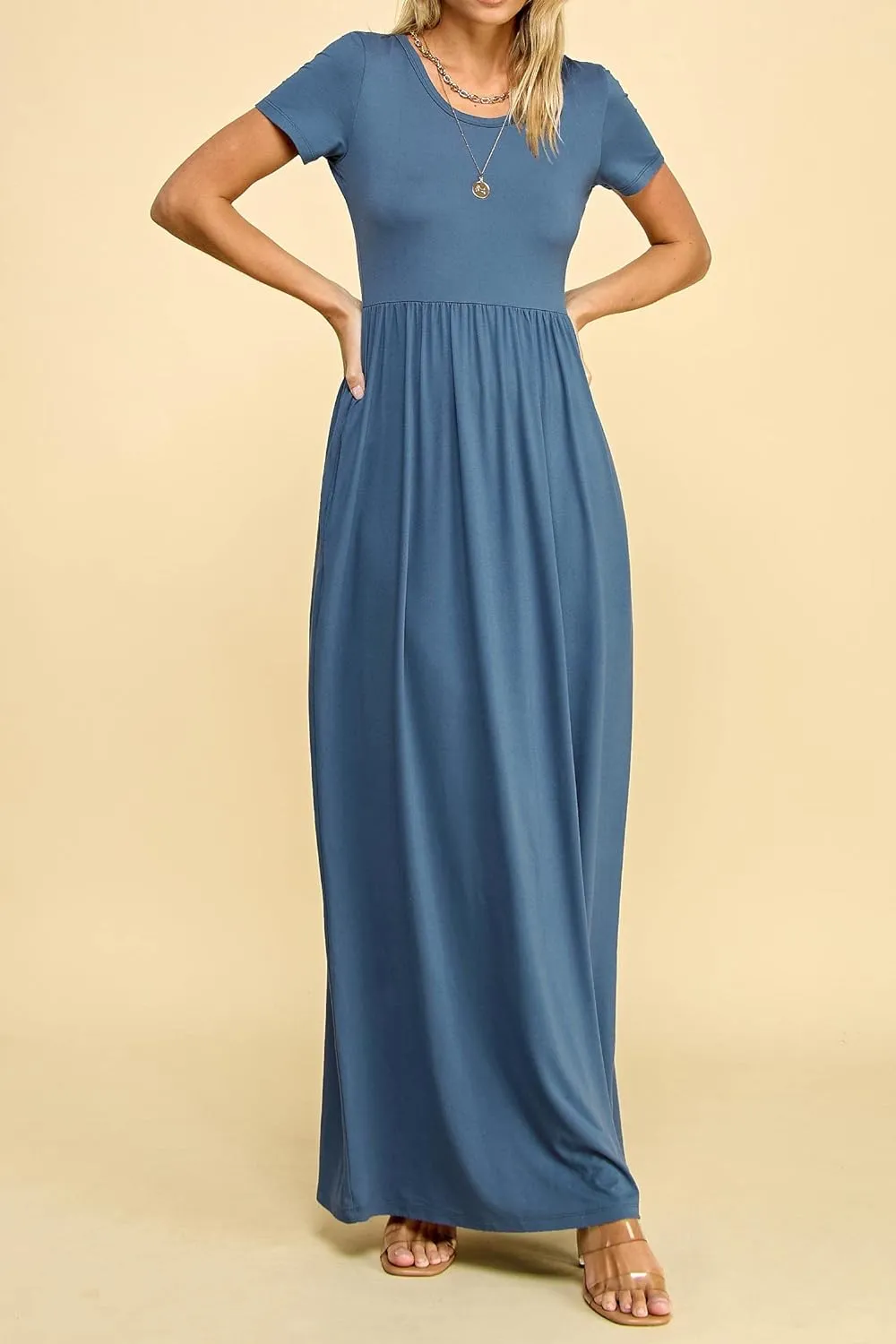 Made By Johnny Womens Short Sleeve Loose Plain Casual Long Maxi Dresses with Pockets