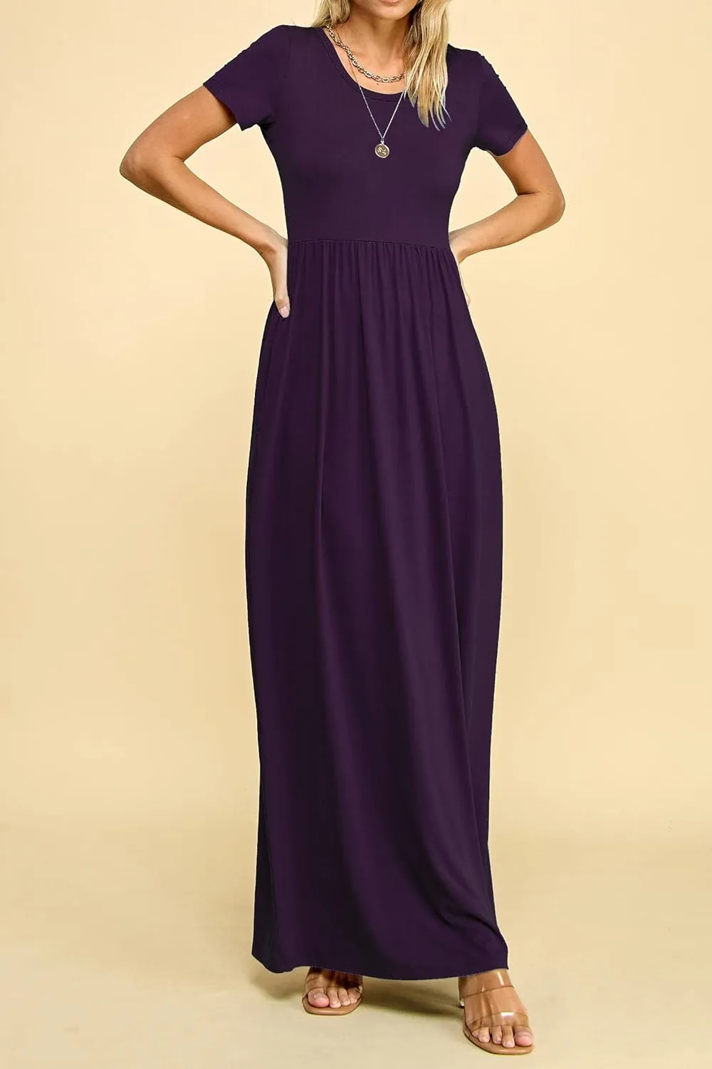 Made By Johnny Womens Short Sleeve Loose Plain Casual Long Maxi Dresses with Pockets