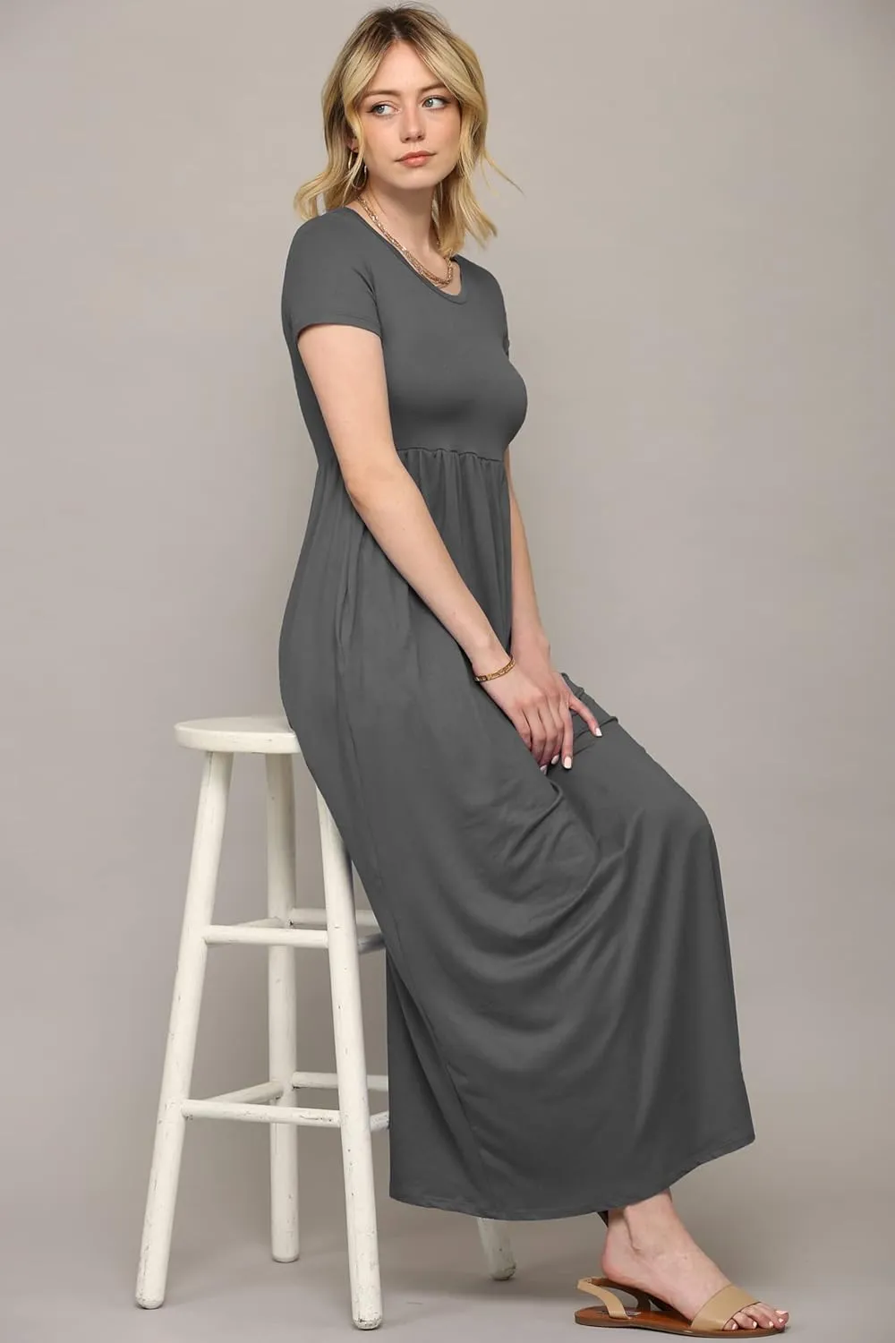 Made By Johnny Womens Short Sleeve Loose Plain Casual Long Maxi Dresses with Pockets