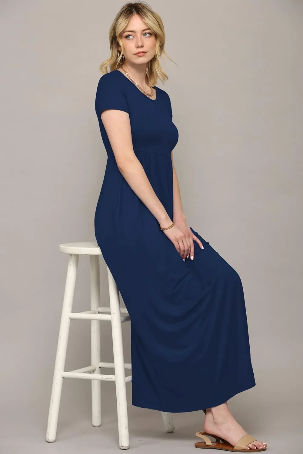 Made By Johnny Womens Short Sleeve Loose Plain Casual Long Maxi Dresses with Pockets