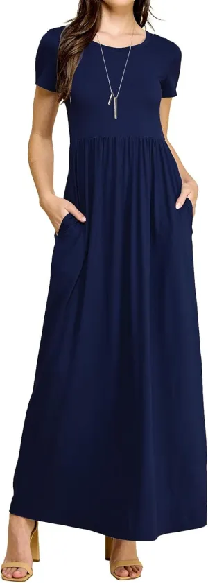 Made By Johnny Womens Short Sleeve Loose Plain Casual Long Maxi Dresses with Pockets