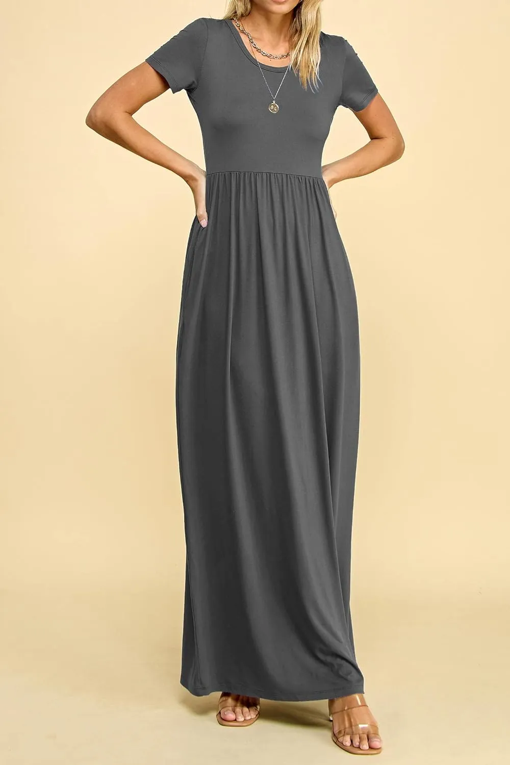 Made By Johnny Womens Short Sleeve Loose Plain Casual Long Maxi Dresses with Pockets