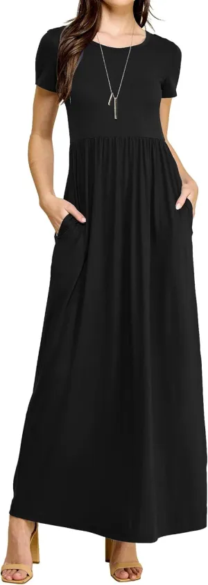 Made By Johnny Womens Short Sleeve Loose Plain Casual Long Maxi Dresses with Pockets
