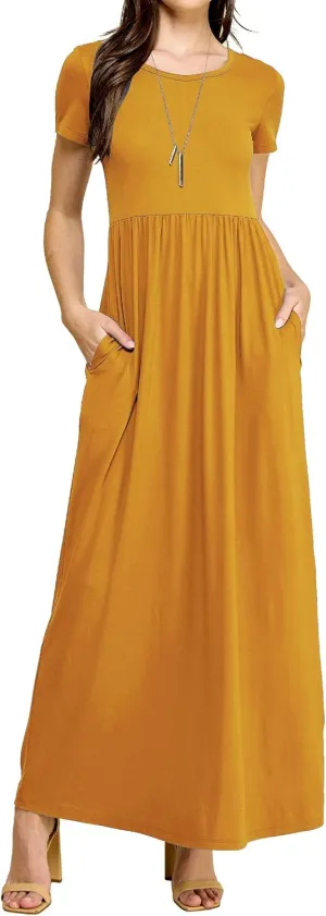 Made By Johnny Womens Short Sleeve Loose Plain Casual Long Maxi Dresses with Pockets