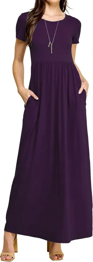 Made By Johnny Womens Short Sleeve Loose Plain Casual Long Maxi Dresses with Pockets