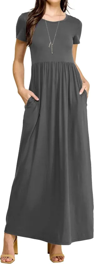 Made By Johnny Womens Short Sleeve Loose Plain Casual Long Maxi Dresses with Pockets