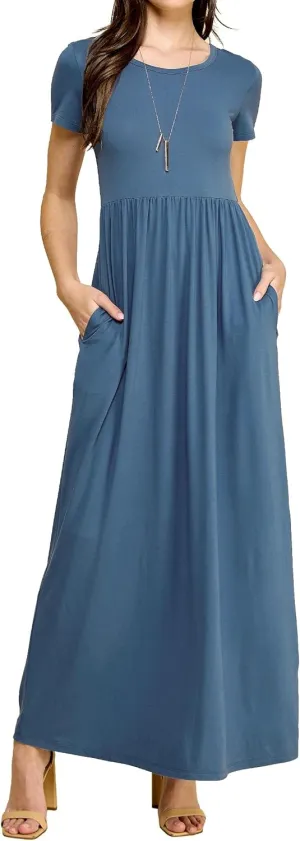 Made By Johnny Womens Short Sleeve Loose Plain Casual Long Maxi Dresses with Pockets