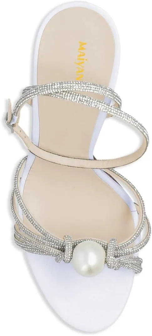 Maiyang Women Sexy Open Toe Rhinestone Strappy Pearl Sandals Thin High Heel Crossed Ankle Strap Summer Party Prom Club Shoes Size 4-16 US