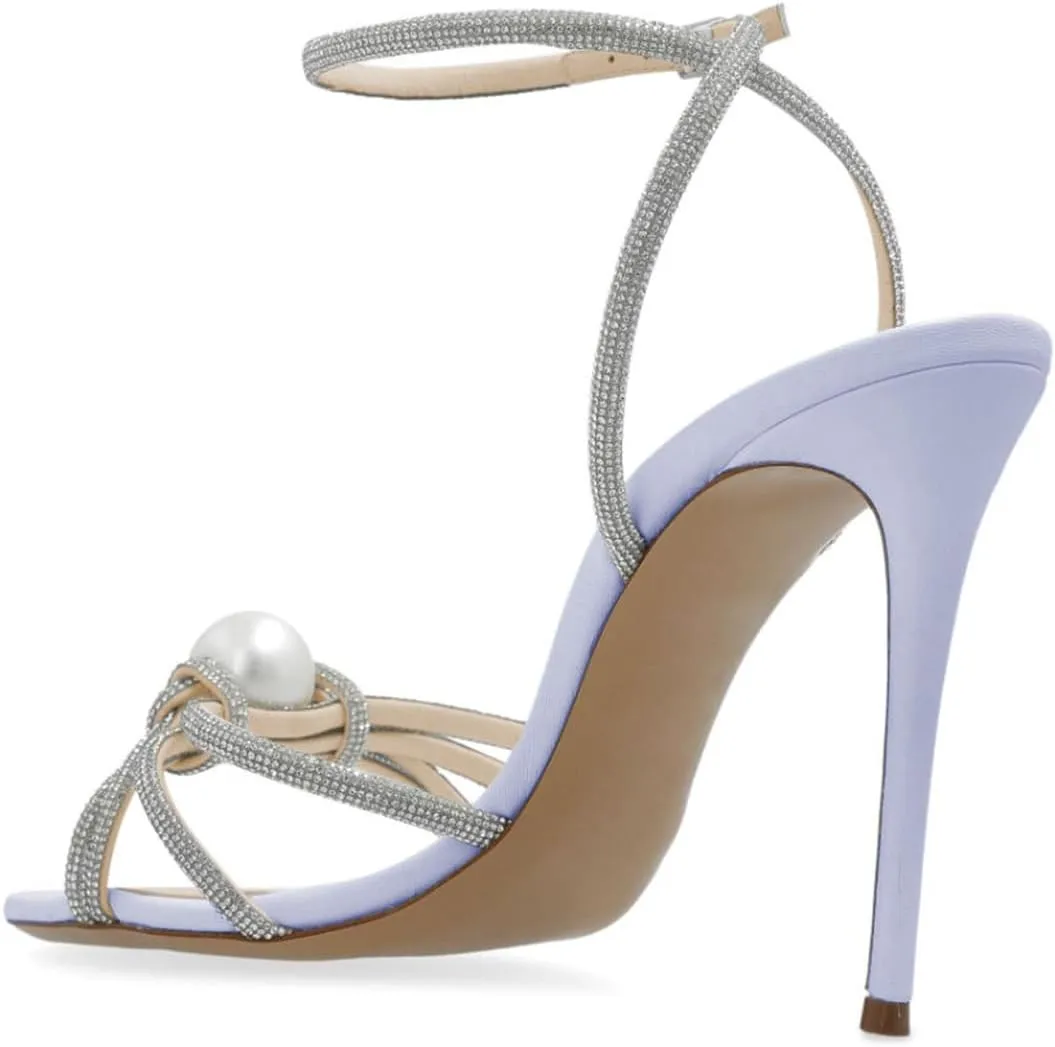Maiyang Women Sexy Open Toe Rhinestone Strappy Pearl Sandals Thin High Heel Crossed Ankle Strap Summer Party Prom Club Shoes Size 4-16 US