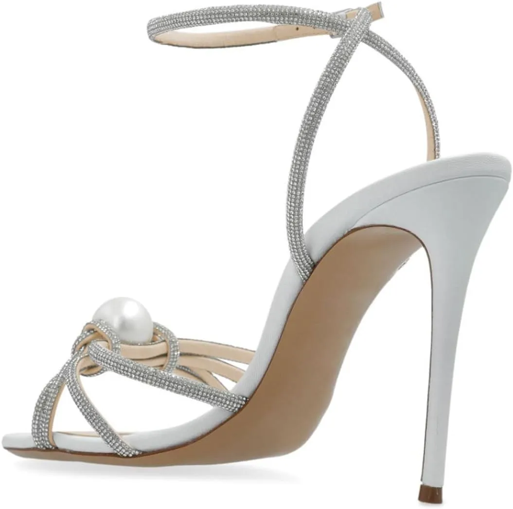 Maiyang Women Sexy Open Toe Rhinestone Strappy Pearl Sandals Thin High Heel Crossed Ankle Strap Summer Party Prom Club Shoes Size 4-16 US