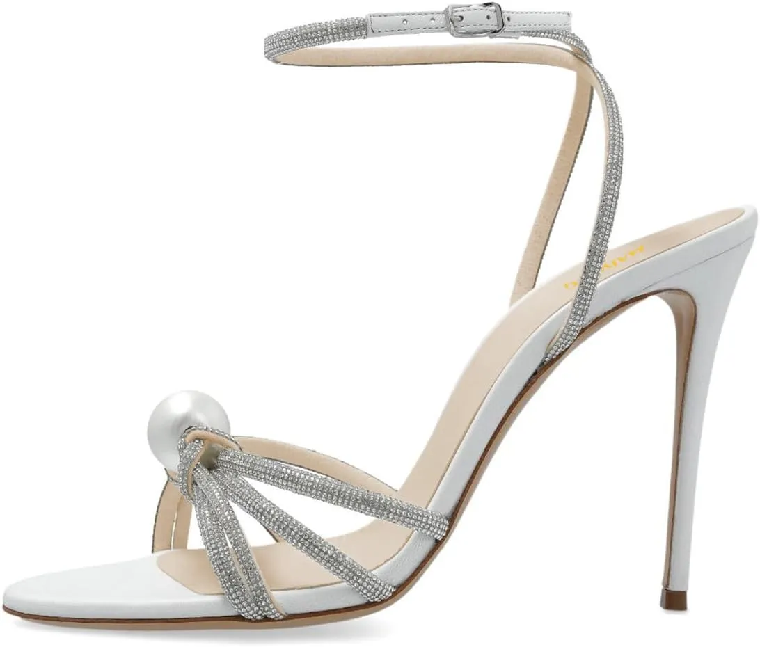 Maiyang Women Sexy Open Toe Rhinestone Strappy Pearl Sandals Thin High Heel Crossed Ankle Strap Summer Party Prom Club Shoes Size 4-16 US