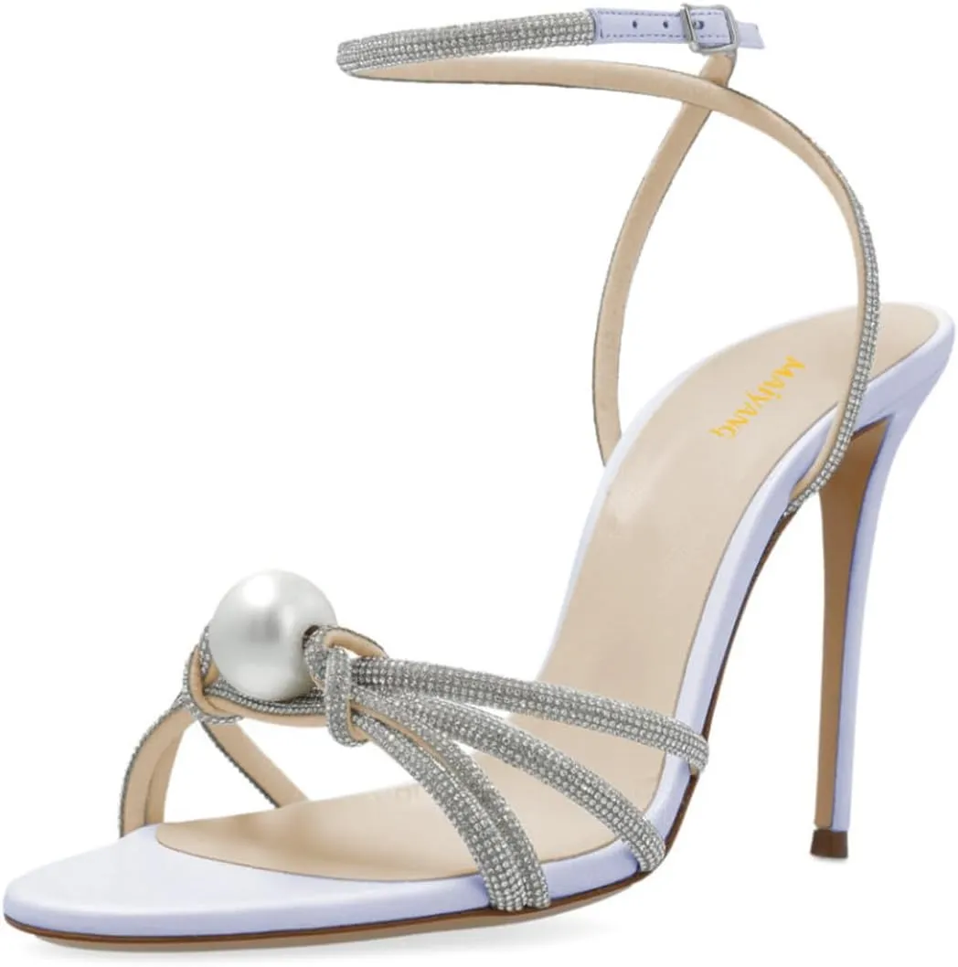 Maiyang Women Sexy Open Toe Rhinestone Strappy Pearl Sandals Thin High Heel Crossed Ankle Strap Summer Party Prom Club Shoes Size 4-16 US