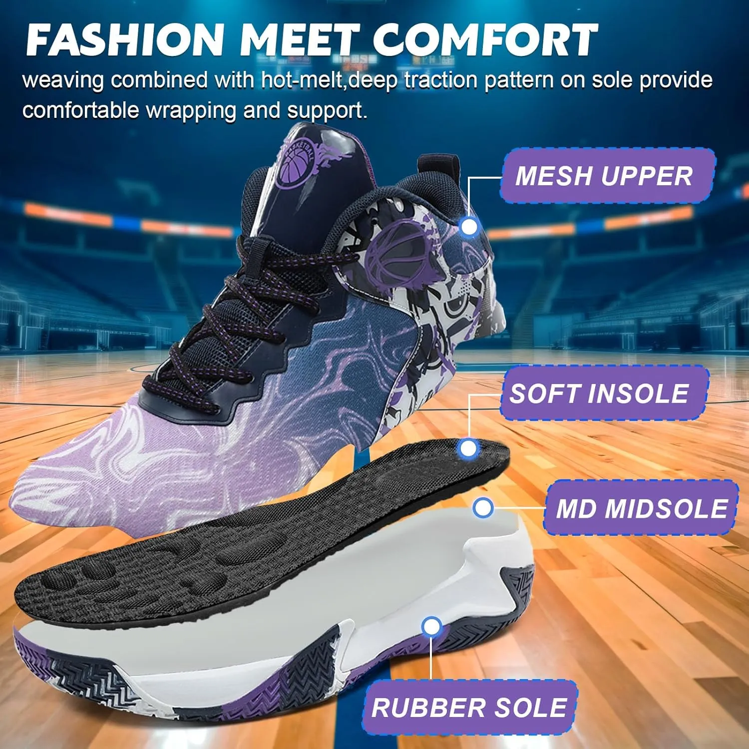 MAIZUN Mens Basketball Shoes Fashion Non-Slip Lightweight Breathable Outdoor Sneakers Cushioning Workout Shoes for Running Walking Sports Training