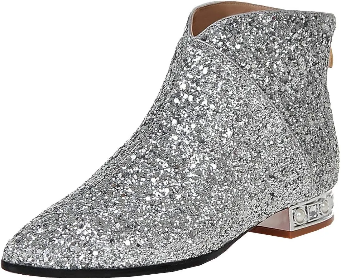 MAVMAX Sequin Low Heeled Ankle Boots Sparkly Block Heel Booties Shiny Glitter Flats Wedding Shoes for Women