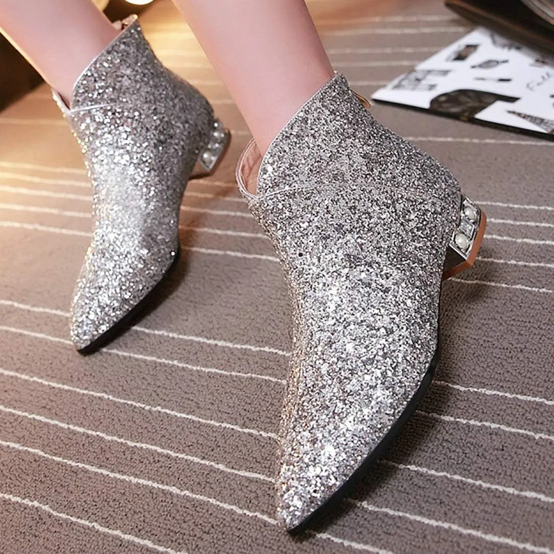 MAVMAX Sequin Low Heeled Ankle Boots Sparkly Block Heel Booties Shiny Glitter Flats Wedding Shoes for Women